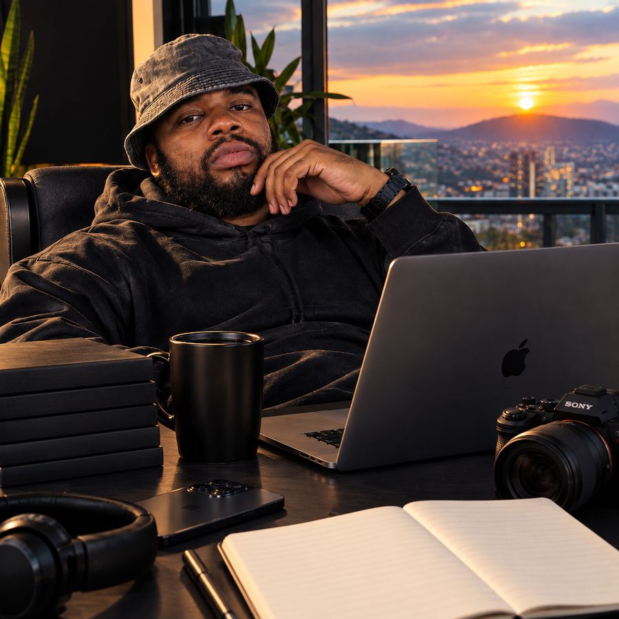 Senzo Mthembu at his desk with a laptop and camera, city at sunset behind him